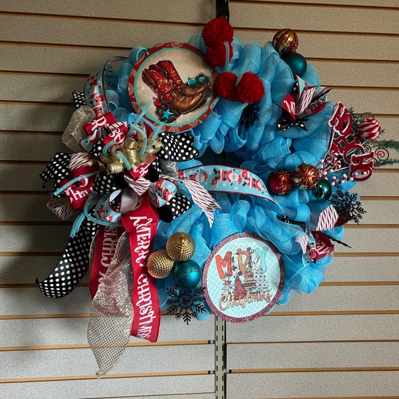 Christmas Cowboy Wreath Turquoise Blue Western Boots Holiday Decor Handmade 18 - Picture 1 of 6